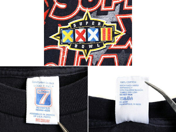 90s ■ NFL オフィシャル デンバー ブロンコス プリント 半袖 Tシャツ ( メンズ M ) 古着 90年代 アメフト LOGO7 スーパーボウル 当時物 紺