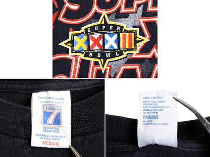 90s ■ NFL オフィシャル デンバー ブロンコス プリント 半袖 Tシャツ ( メンズ M ) 古着 90年代 アメフト LOGO7 スーパーボウル 当時物 紺