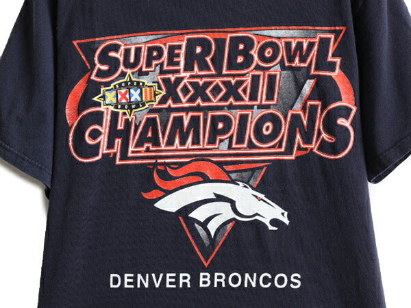 90s ■ NFL オフィシャル デンバー ブロンコス プリント 半袖 Tシャツ ( メンズ M ) 古着 90年代 アメフト LOGO7 スーパーボウル 当時物 紺