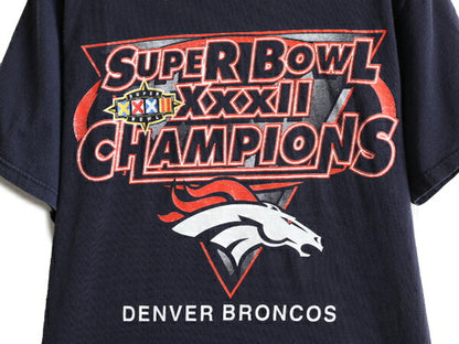90s ■ NFL オフィシャル デンバー ブロンコス プリント 半袖 Tシャツ ( メンズ M ) 古着 90年代 アメフト LOGO7 スーパーボウル 当時物 紺