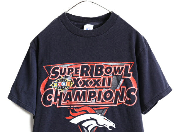 90s ■ NFL オフィシャル デンバー ブロンコス プリント 半袖 Tシャツ ( メンズ M ) 古着 90年代 アメフト LOGO7 スーパーボウル 当時物 紺