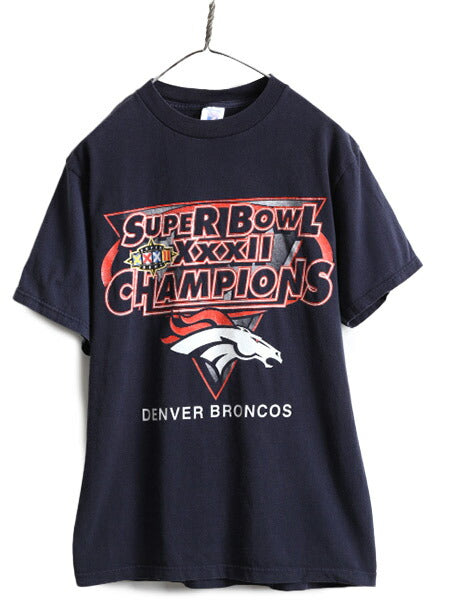 90s ■ NFL オフィシャル デンバー ブロンコス プリント 半袖 Tシャツ ( メンズ M ) 古着 90年代 アメフト LOGO7 スーパーボウル 当時物 紺