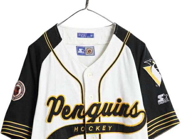90s ペンギンズ ベースボールシャツ メンズ M / オールド NHL オフィシャル スターター ユニフォーム アイスホッケー ゲームシャツ 重ね着