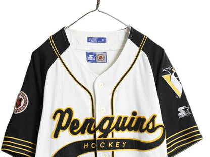 90s ペンギンズ ベースボールシャツ メンズ M / オールド NHL オフィシャル スターター ユニフォーム アイスホッケー ゲームシャツ 重ね着