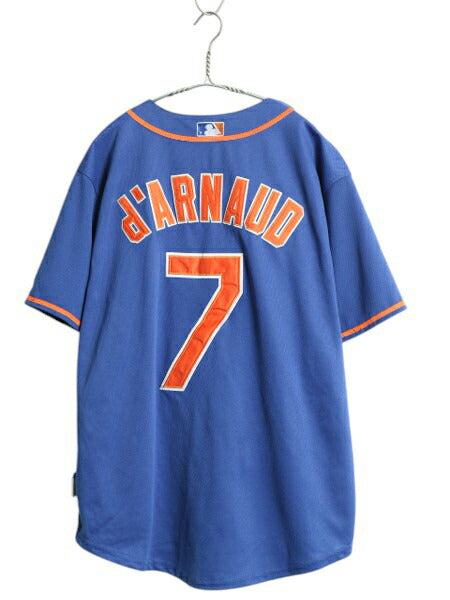 メッツ ベースボール シャツ メンズ M 程 古着 MLB オフィシャル マジェスティック 大リーグ ユニフォーム ゲームシャツ 重ね着 半袖シャツ