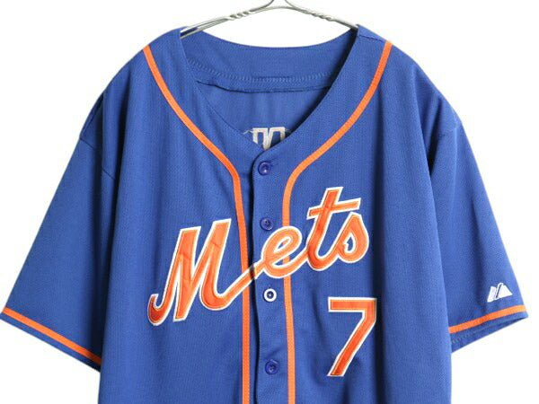 メッツ ベースボール シャツ メンズ M 程 古着 MLB オフィシャル マジェスティック 大リーグ ユニフォーム ゲームシャツ 重ね着 半袖シャツ