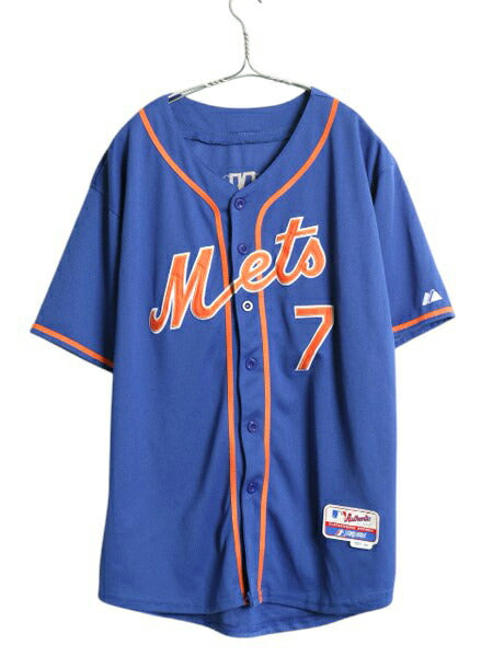 メッツ ベースボール シャツ メンズ M 程 古着 MLB オフィシャル マジェスティック 大リーグ ユニフォーム ゲームシャツ 重ね着 半袖シャツ