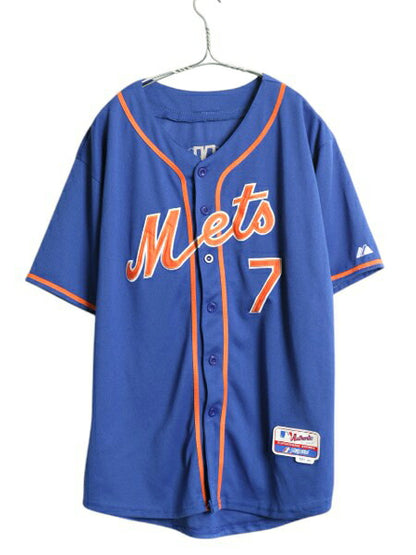 メッツ ベースボール シャツ メンズ M 程 古着 MLB オフィシャル マジェスティック 大リーグ ユニフォーム ゲームシャツ 重ね着 半袖シャツ