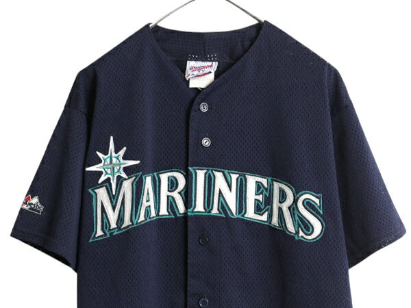 USA製 マリナーズ ベースボール シャツ メンズ L MLB オフィシャル マジェスティック 大リーグ ユニフォーム ゲームシャツ メッシュ 重ね着