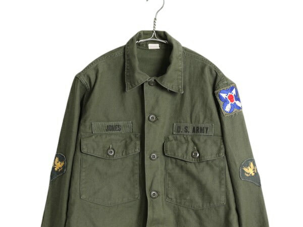 60s 米軍実物 US ARMY コットン サテン ユーティリティ シャツ メンズ M ヴィンテージ ミリタリー 陸軍 軍物 OG107 フルパッチ 2nd カーキ