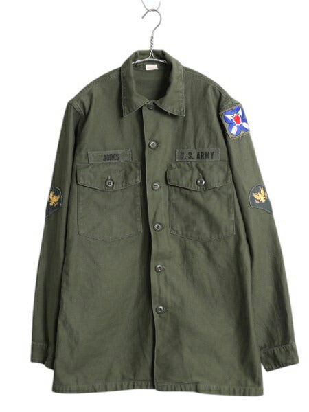 60s 米軍実物 US ARMY コットン サテン ユーティリティ シャツ メンズ M ヴィンテージ ミリタリー 陸軍 軍物 OG107 フルパッチ 2nd カーキ