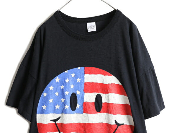 90s USA製 大きいサイズ XXL 程■ 星条旗 スマイル 大判 プリント 半袖 Tシャツ メンズ 2XL / 90年代 キャラクター スマイリー イラスト 黒