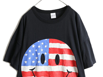 90s USA製 大きいサイズ XXL 程■ 星条旗 スマイル 大判 プリント 半袖 Tシャツ メンズ 2XL / 90年代 キャラクター スマイリー イラスト 黒