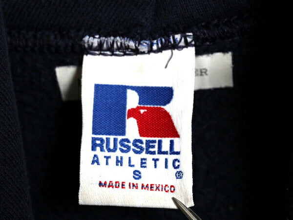 90s ラッセル カレッジ プリント スウェット フード パーカー メンズ レディース S オールド RUSSELL プルオーバー 裏起毛 プリンストン 紺