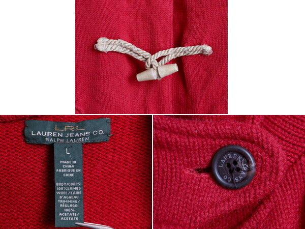 LRL ■ LAUREN JEANS ラルフローレン ラム ウール ニット ダッフル コート ( レディース L ) 古着 POLO ポロ ジャケット ロング ボーダー