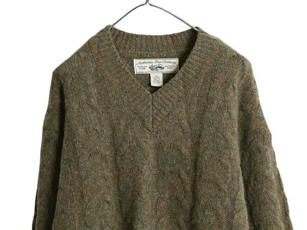 90s OLD GAP Vネック ウール ケーブル ニット セーター メンズ M / 古着 オールド ギャップ 旧タグ フィッシャーマン アラン カーキ ネップ