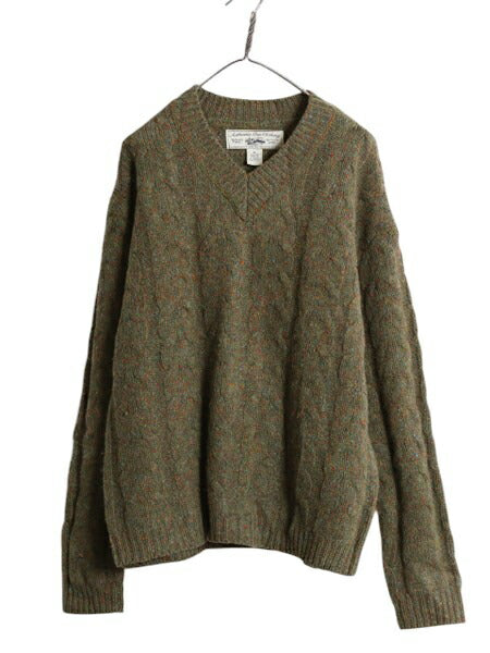 90s OLD GAP Vネック ウール ケーブル ニット セーター メンズ M / 古着 オールド ギャップ 旧タグ フィッシャーマン アラン カーキ ネップ