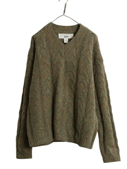 90s OLD GAP Vネック ウール ケーブル ニット セーター メンズ M / 古着 オールド ギャップ 旧タグ フィッシャーマン アラン カーキ ネップ