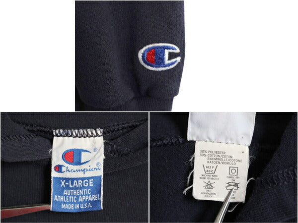 90s USA製 チャンピオン フード パーカー メンズ XL オールド プルオーバー 長袖 Tシャツ スクリプト ロゴ 大きいサイズ ヘビーウェイト 紺