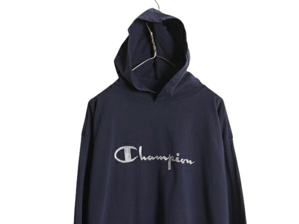 90s USA製 チャンピオン フード パーカー メンズ XL オールド プルオーバー 長袖 Tシャツ スクリプト ロゴ 大きいサイズ ヘビーウェイト 紺
