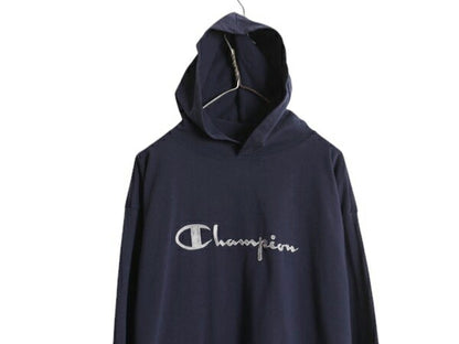 90s USA製 チャンピオン フード パーカー メンズ XL オールド プルオーバー 長袖 Tシャツ スクリプト ロゴ 大きいサイズ ヘビーウェイト 紺