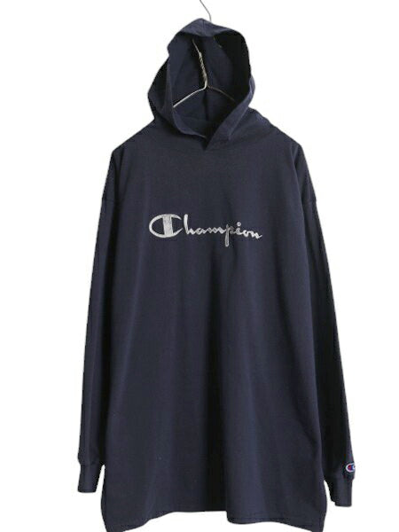90s USA製 チャンピオン フード パーカー メンズ XL オールド プルオーバー 長袖 Tシャツ スクリプト ロゴ 大きいサイズ ヘビーウェイト 紺