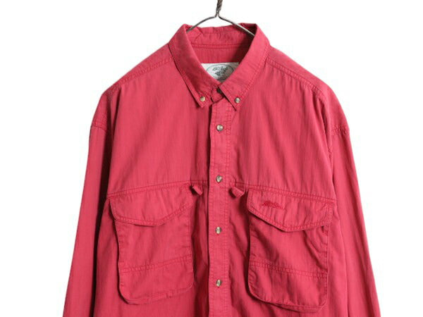 90s エルエルビーン ボタンダウン フライ フィッシング シャツ メンズ L 古着 90年代 オールド LLBEAN アウトドア 長袖シャツ 無地 釣り 赤