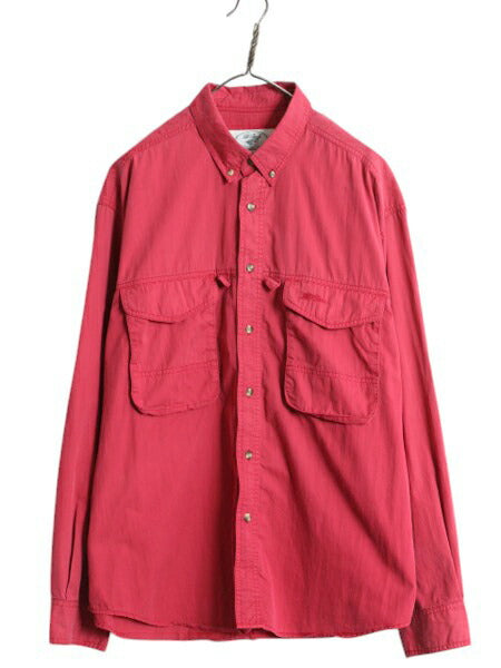 90s エルエルビーン ボタンダウン フライ フィッシング シャツ メンズ L 古着 90年代 オールド LLBEAN アウトドア 長袖シャツ 無地 釣り 赤