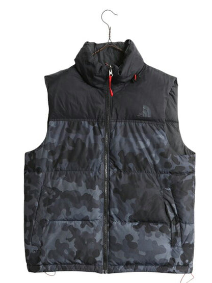 ノースフェイス 迷彩 ヌプシ ダウン ベスト メンズ S 古着 The North face NUPTSE 700フィル フルジップ 重ね着 前開き カモ ハイネック 黒