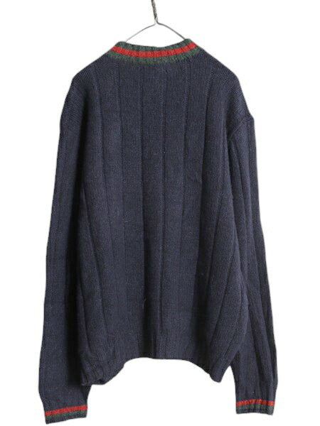 90s ポロ ラルフローレン チルデン ニット セーター メンズ XL / 90年代 オールド Vネック  ポニー無し ウール シルク コットン リネン 紺