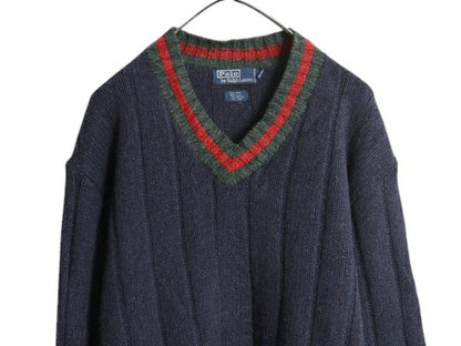 90s ポロ ラルフローレン チルデン ニット セーター メンズ XL / 90年代 オールド Vネック  ポニー無し ウール シルク コットン リネン 紺