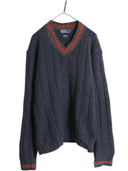 90s ポロ ラルフローレン チルデン ニット セーター メンズ XL / 90年代 オールド Vネック  ポニー無し ウール シルク コットン リネン 紺