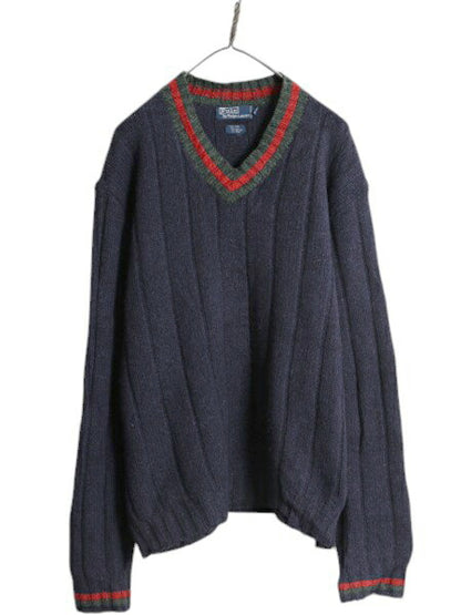 90s ポロ ラルフローレン チルデン ニット セーター メンズ XL / 90年代 オールド Vネック  ポニー無し ウール シルク コットン リネン 紺
