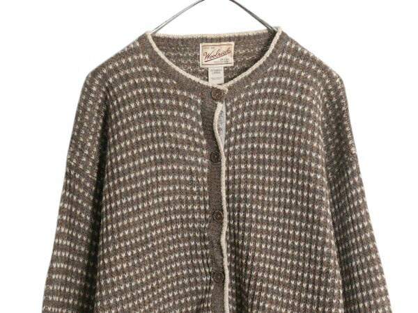 90s ウールリッチ バーズアイ ウール ニット カーディガン レディース L 90年代 オールド Woolrich アウトドア セーター 前開き 総柄 丸首