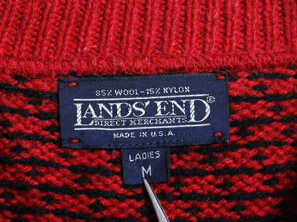 90s USA製 ランズエンド バーズアイ ニット カーディガン レディース M オールド LANDS END セーター ウール ノルディック ツートン 重ね着