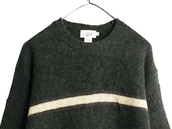 00s J CREW ボーダー シェットランド ウール ニット セーター メンズ M / 00年代 オールド ジェイクルー クルーネック ミドルゲージ カーキ