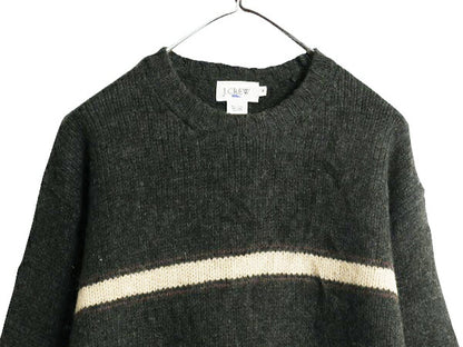 00s J CREW ボーダー シェットランド ウール ニット セーター メンズ M / 00年代 オールド ジェイクルー クルーネック ミドルゲージ カーキ