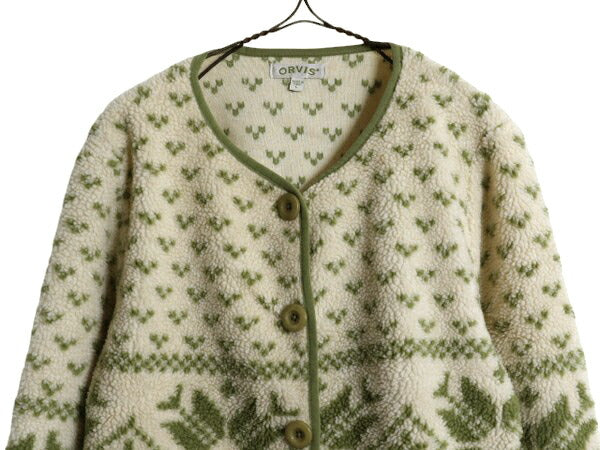 00s オービス ノルディック フリース ジャケット レディース L 00年代 オールド ORVIS ボア パイル カーディガン バーズアイ 総柄 ブルゾン