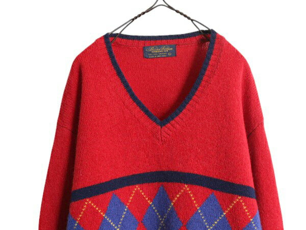 90s ブルックスブラザーズ アーガイル シェットランド ウール ニット セーター メンズ L 古着 オールド Brooks Brothers Vネック チルデン