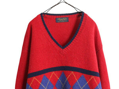90s ブルックスブラザーズ アーガイル シェットランド ウール ニット セーター メンズ L 古着 オールド Brooks Brothers Vネック チルデン
