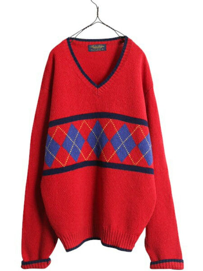 90s ブルックスブラザーズ アーガイル シェットランド ウール ニット セーター メンズ L 古着 オールド Brooks Brothers Vネック チルデン