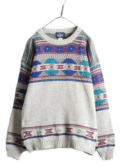 80s ウールリッチ ノルディック ウール ニット セーター メンズ L / 古着 80年代 ヴィンテージ Woolrich 紺タグ バーズアイ フェアアイル
