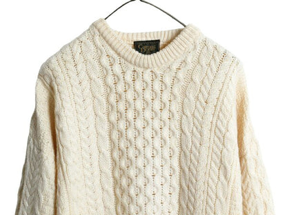 アイルランド製 Carraig Donn フィッシャーマン ウール ニット セーター メンズ M / アラン ケーブル ローゲージ クルーネック ナチュラル