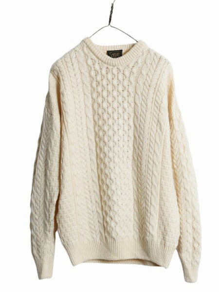アイルランド製 Carraig Donn フィッシャーマン ウール ニット セーター メンズ M / アラン ケーブル ローゲージ クルーネック ナチュラル