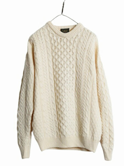 アイルランド製 Carraig Donn フィッシャーマン ウール ニット セーター メンズ M / アラン ケーブル ローゲージ クルーネック ナチュラル
