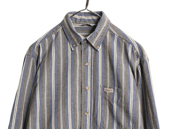80s カーハート ストライプ ボタンダウン 長袖 シャツ メンズ XL 程 80年代 ヴィンテージ コットン ヘビーウェイト ワーク マルチカラー BD