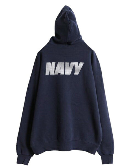 90s US NAVY 両面 プリント スウェット フード パーカー メンズ M 程/ 90年代 オールド ミリタリー トレーナー 裏起毛 軍物 ネイビー USN