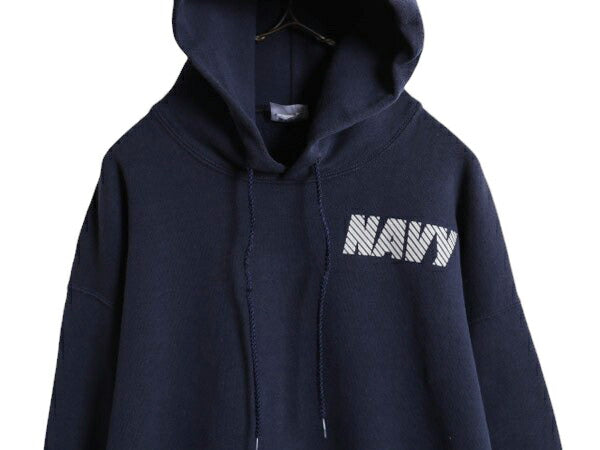 90s US NAVY 両面 プリント スウェット フード パーカー メンズ M 程/ 90年代 オールド ミリタリー トレーナー 裏起毛 軍物 ネイビー USN