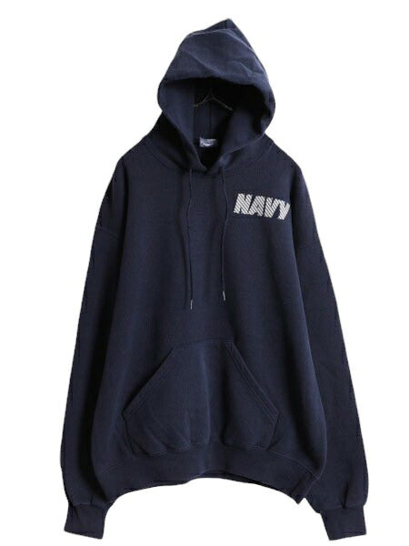 90s US NAVY 両面 プリント スウェット フード パーカー メンズ M 程/ 90年代 オールド ミリタリー トレーナー 裏起毛 軍物 ネイビー USN