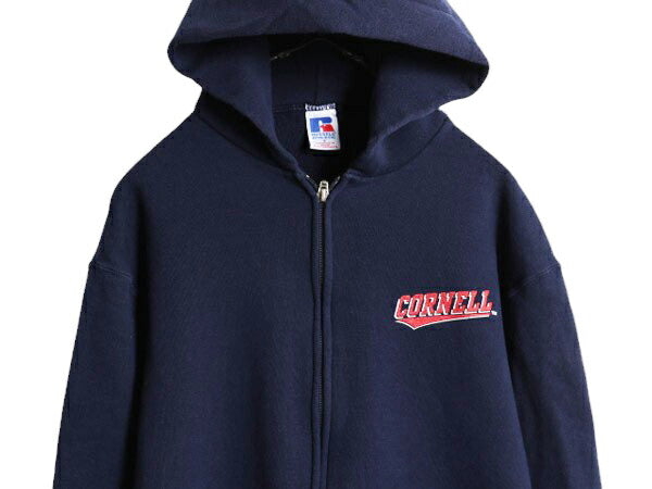 90s ラッセル カレッジ プリント フルジップ スウェット フード パーカー メンズ レディース S 90年代 オールド トレーナー RUSSELL 裏起毛
